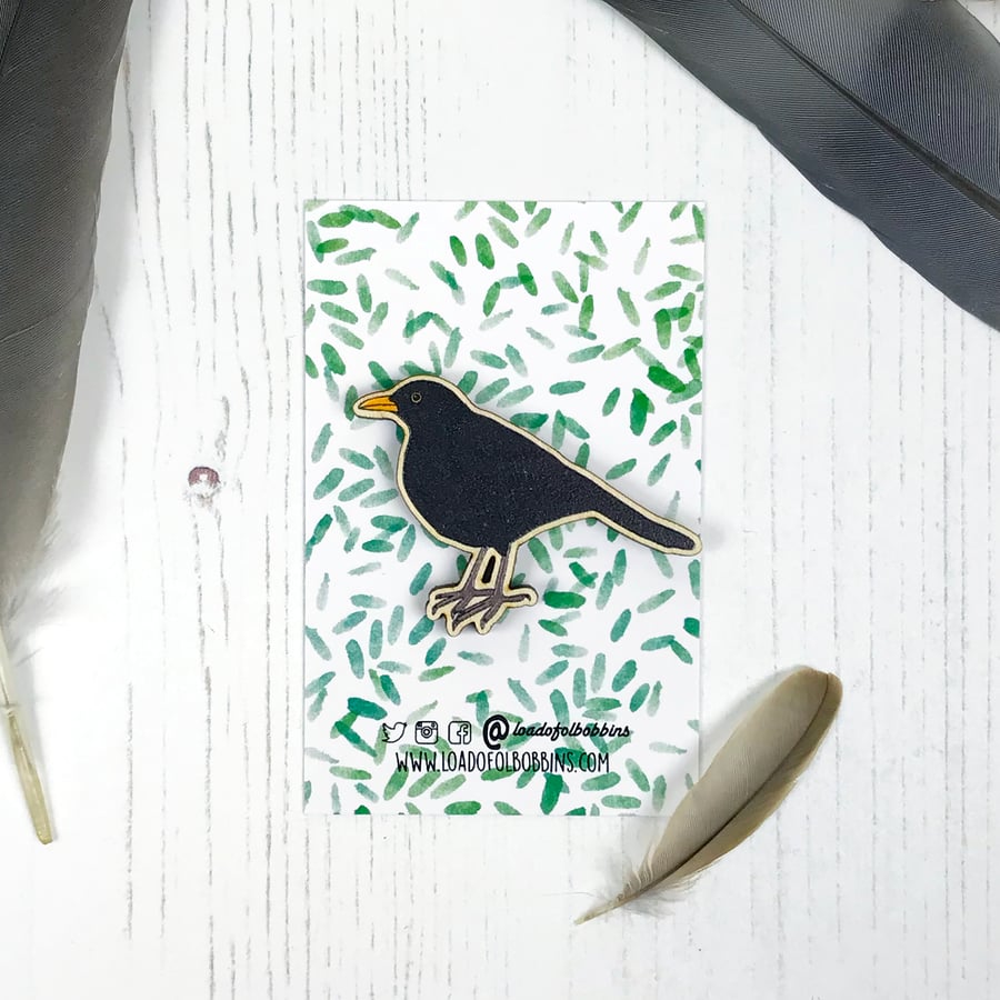 Blackbird Wooden Illustrated Brooch