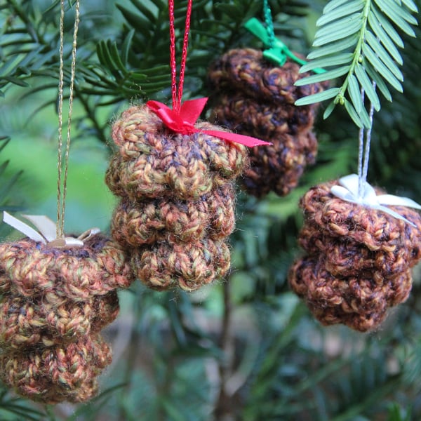 Set of Four Hand Knitted Festive Fircones