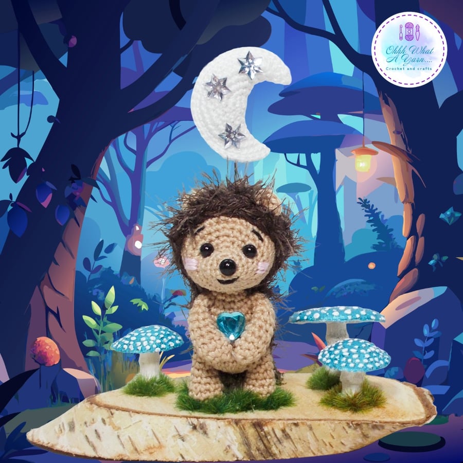 Crochet hedgehog and toadstool sculpture. Hedgehog ornament. Hedgehog decoration