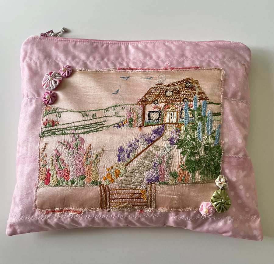 Recycled Hand Embroidered Pink Zipped Pouch.