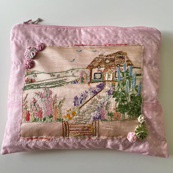 Recycled Hand Embroidered Pink Zipped Pouch.