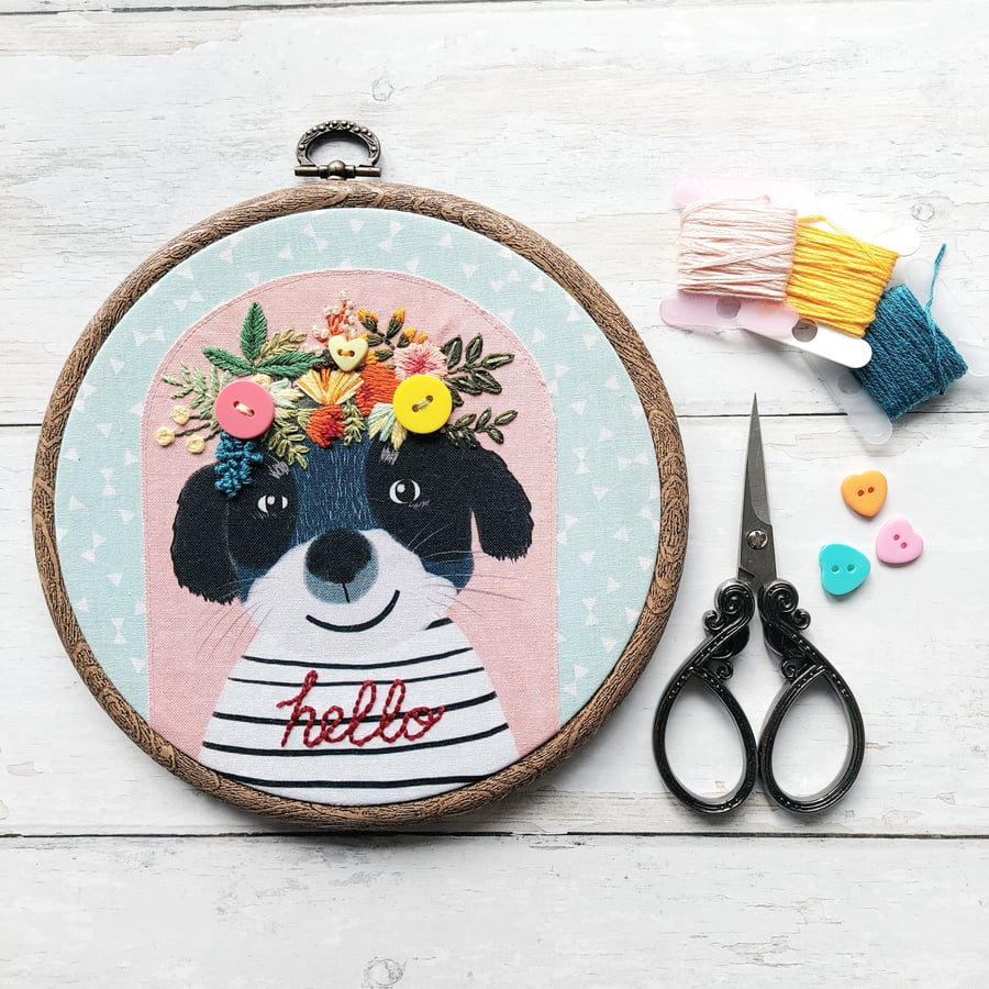 Hello Puppy Hand Embroidered Floral Hoop