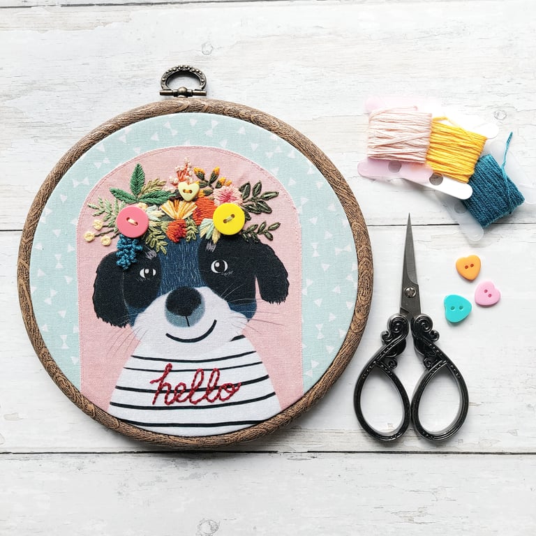 Hello Puppy Hand Embroidered Floral Hoop
