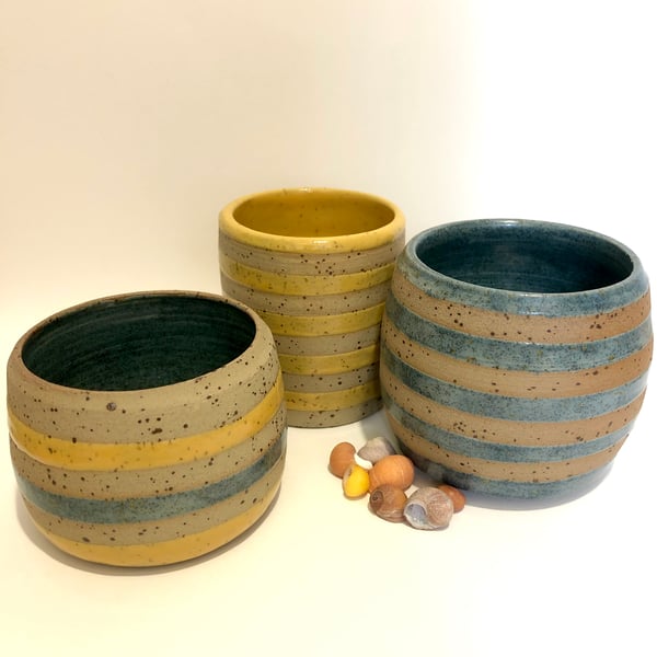 YELLOW AND BLUE STRIPEY CERAMIC POTS