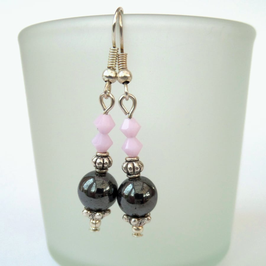SALE: Handmade hematite earrings with pink crystals by Swarovski®