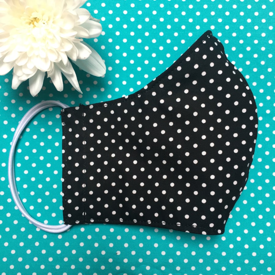 SALE Face Mask Black Spotty Dots Cotton Reusable Washable Medium Womens Free P&P