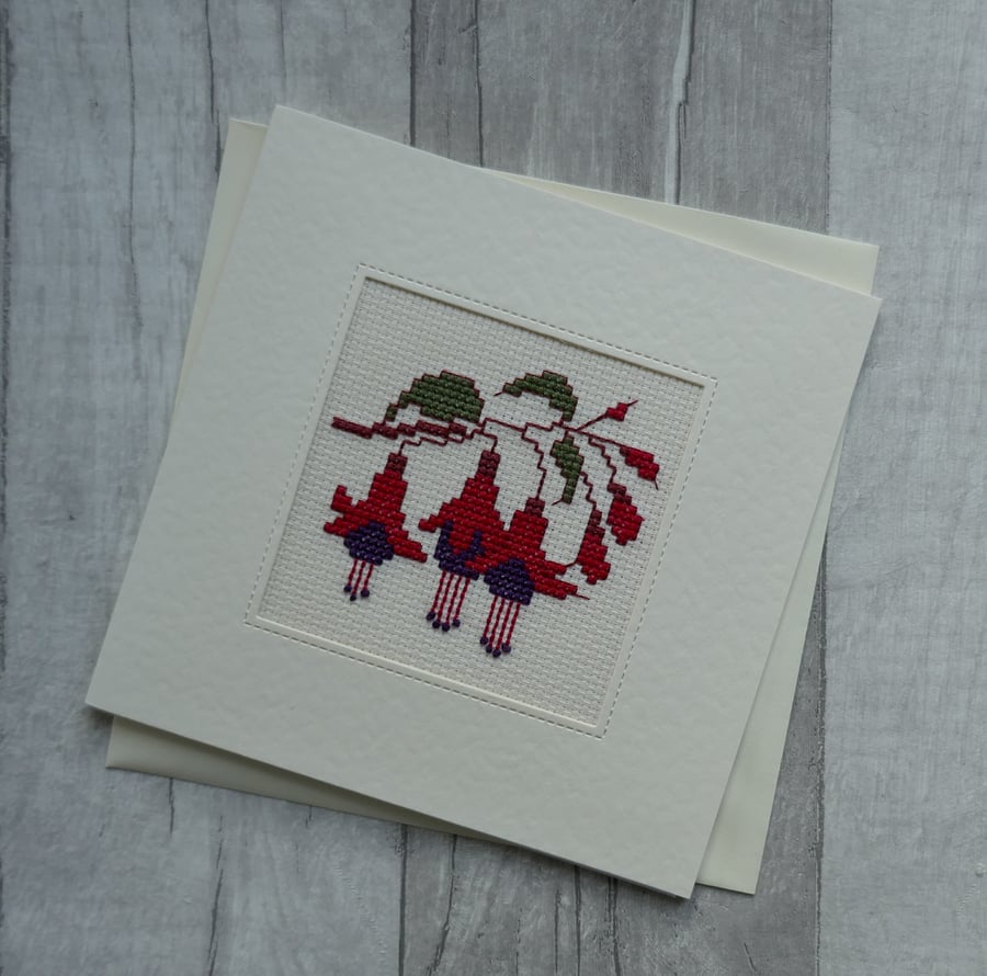 Cross Stitch Card - Manx Fuchsia - Blank Greetings Card