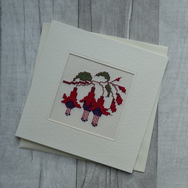 Cross Stitch Card - Manx Fuchsia - Blank Greetings Card