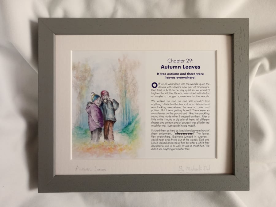 Watercolour print of children playing in autumn leaves in a sussex wood