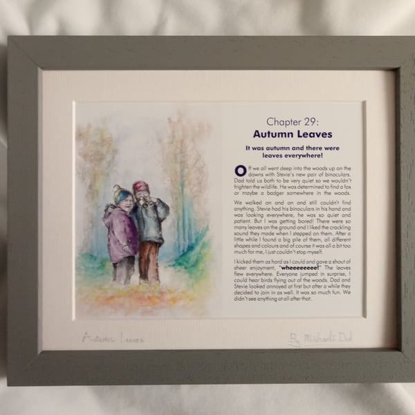 Watercolour print of children playing in autumn leaves in a sussex wood