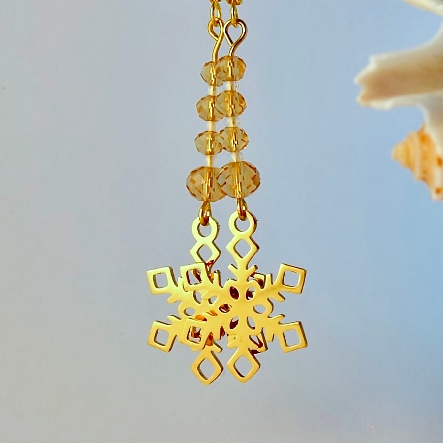 Gold Snowflake Earrings & Sparkly Crystal, Christmas Jewellery, Stocking Filler 