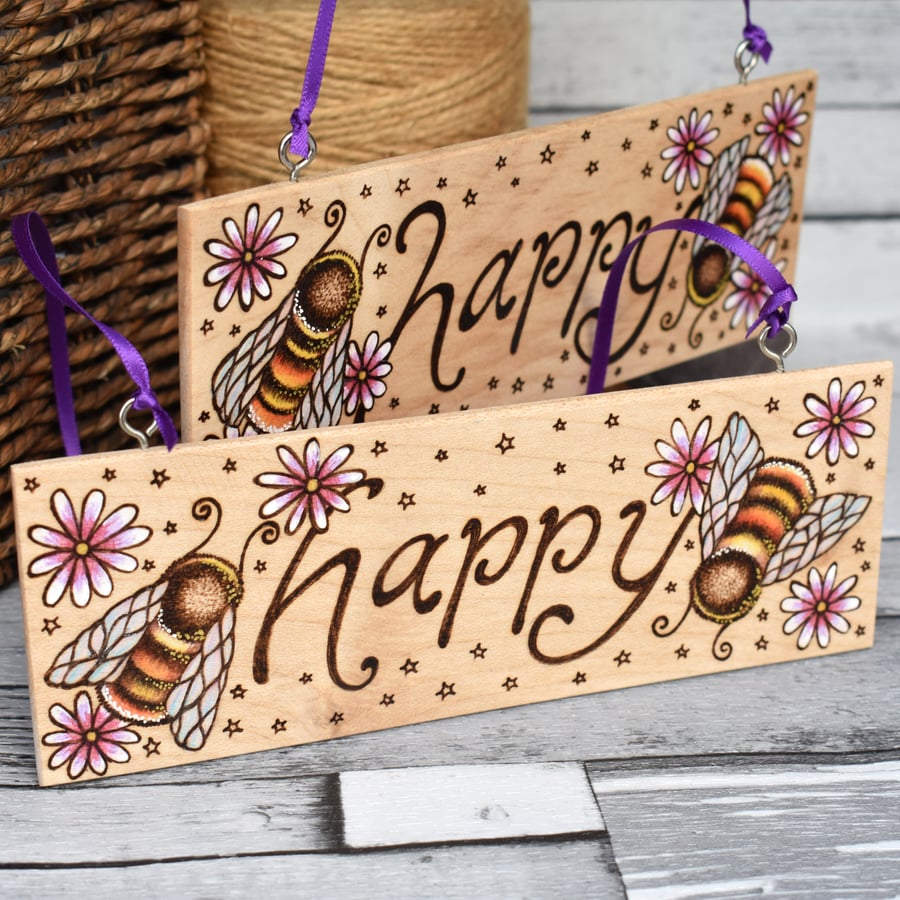 Bee Happy. Pyrography hanging plaque. Wildlife wall art.
