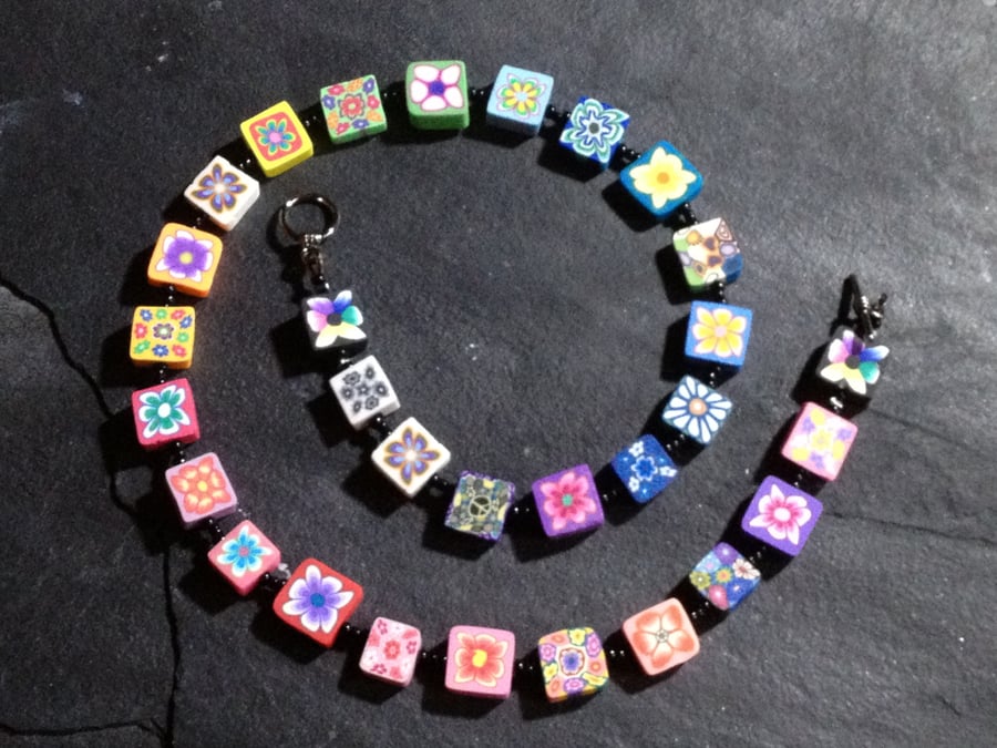 Rainbow Flower Mosaic Polymer Clay Necklace 18 inch