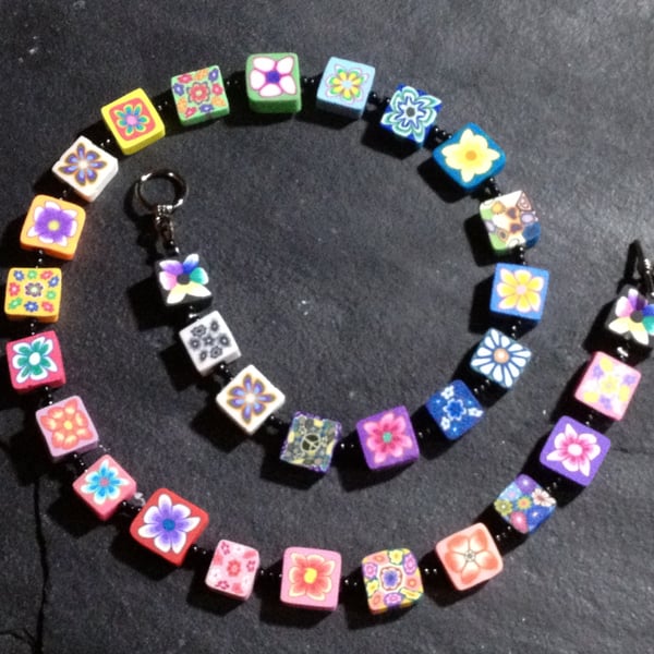 Rainbow Flower Mosaic Polymer Clay Necklace 18 inch