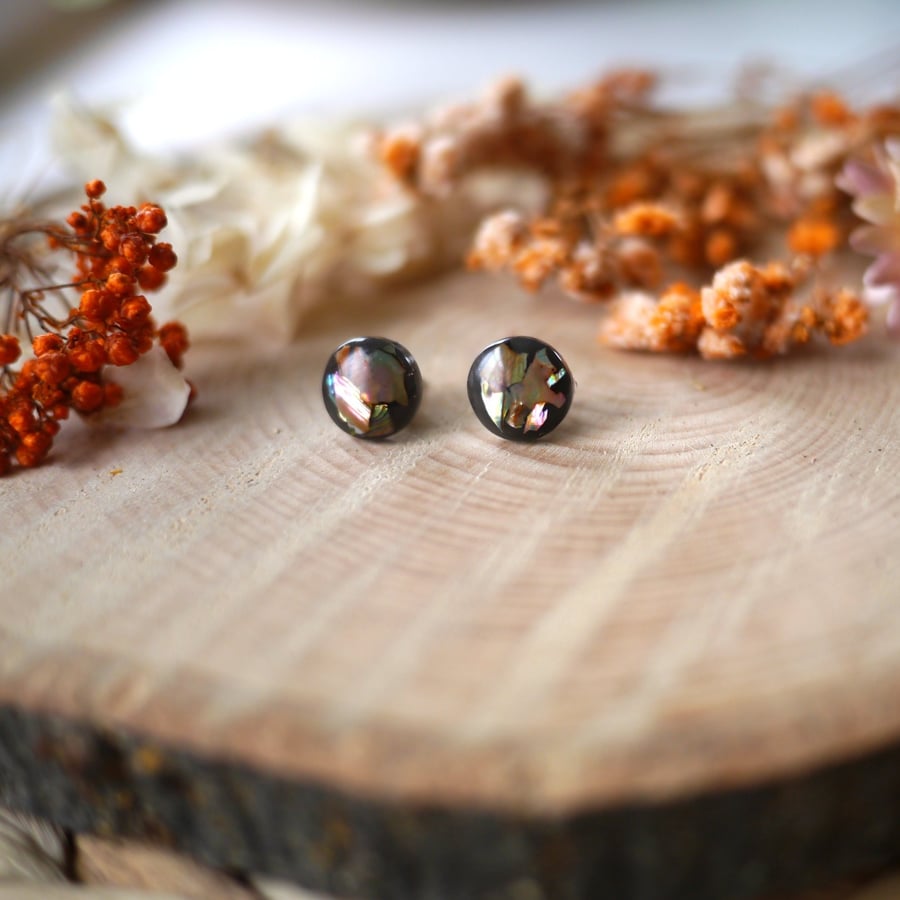 Amber Abalone Shell and Resin Stainless Steel Silver Studs