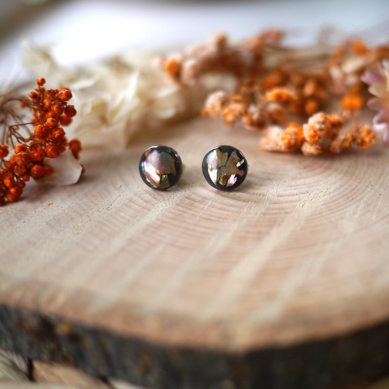 Amber Abalone Shell and Resin Stainless Steel Silver Studs