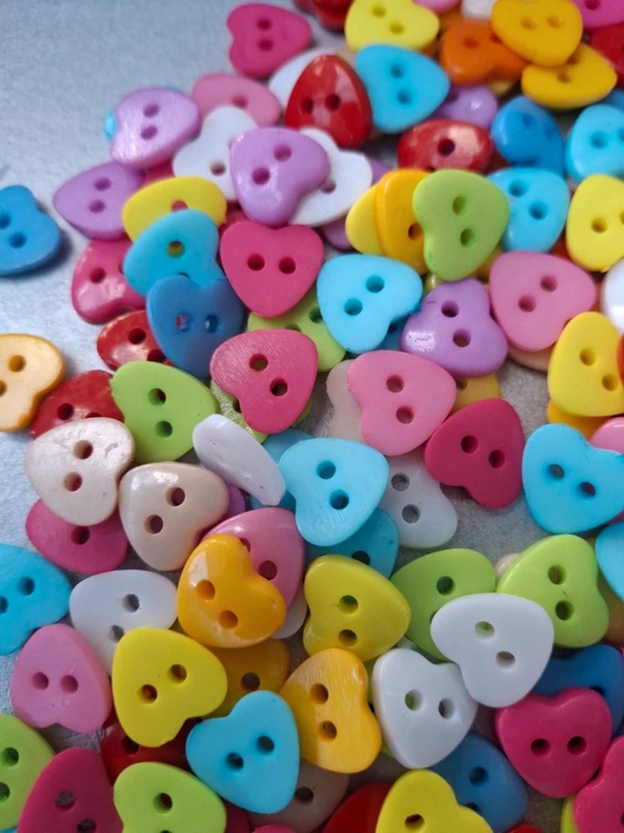 150 x Mixed Colour Acrylic 10mm 2 Hole Heart Buttons