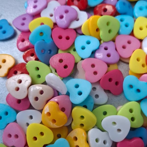 150 x Mixed Colour Acrylic 10mm 2 Hole Heart Buttons