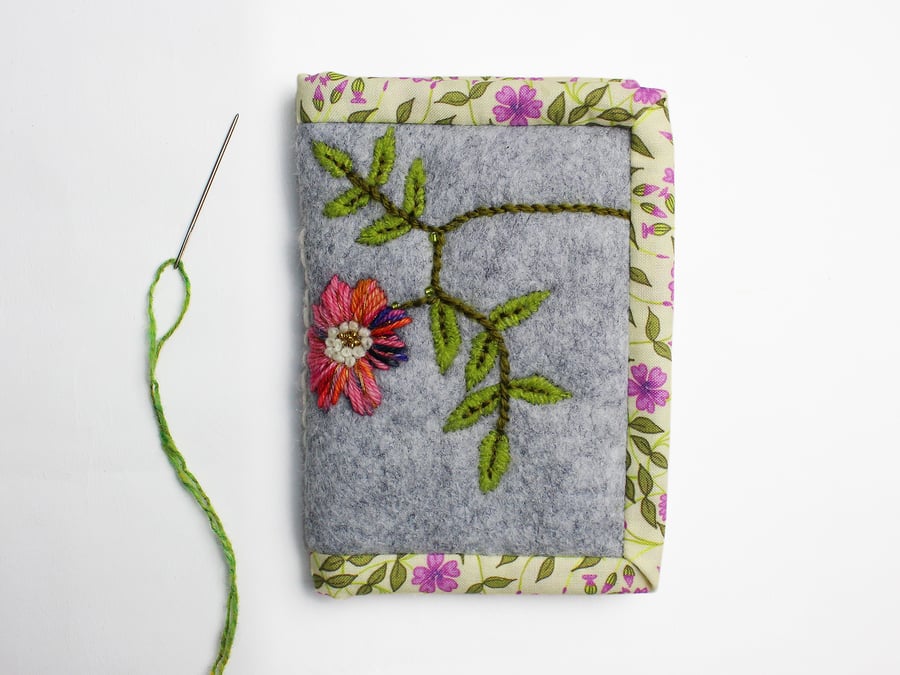 Grey felt needle case with dog rose embroidery