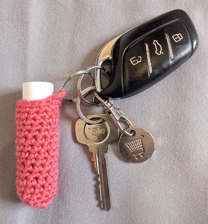Crochet lip balm holder keychain, bag charm, handmade, keyring accessory - coral