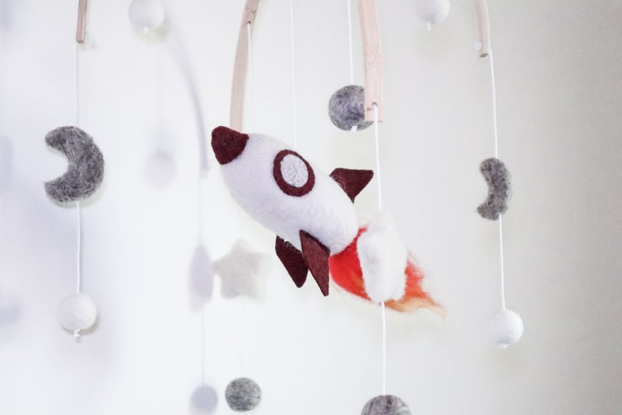 Rocket Mobile - Needle Felt Felted Handmade Nursery Decor Decoration Boys New Ba