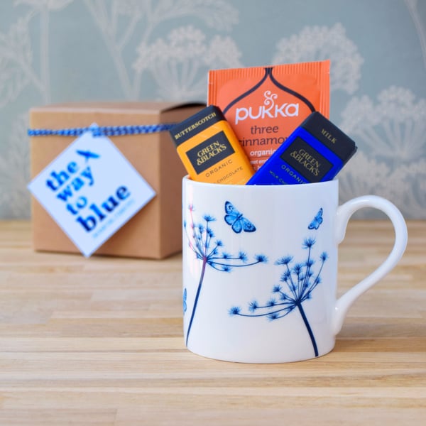 Fine china mug gift set with tea and chocolate, Nature inspired gift, Valentine 