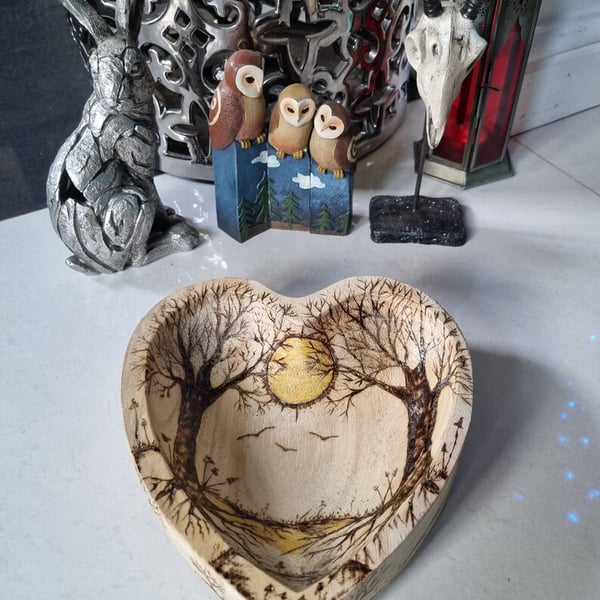 Tree sunset hand carved solid wooden heart bowl wood burn pyrography art