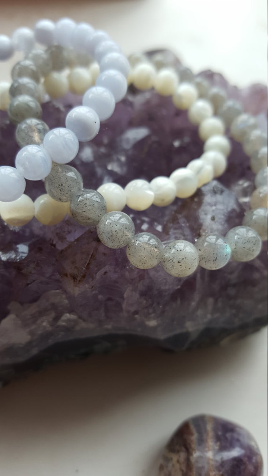 Blue lace agate, Labradorite and mother of pearl stretch bracelet stacking set