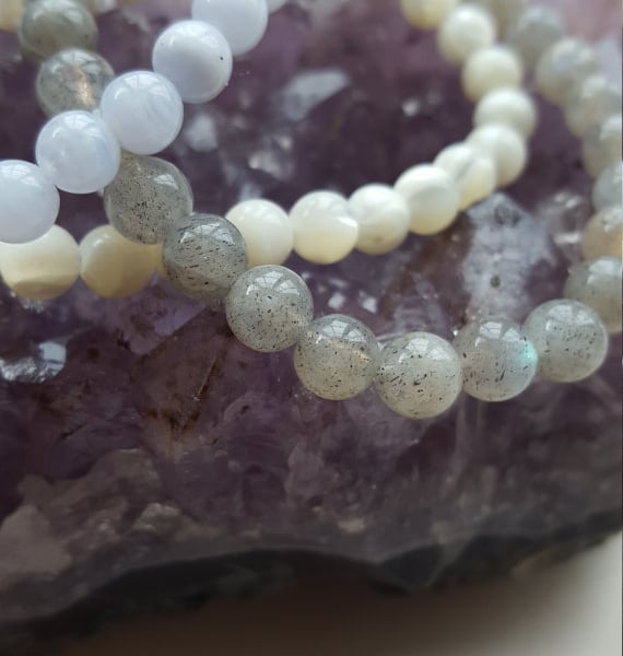 Blue lace agate, Labradorite and mother of pearl stretch bracelet stacking set