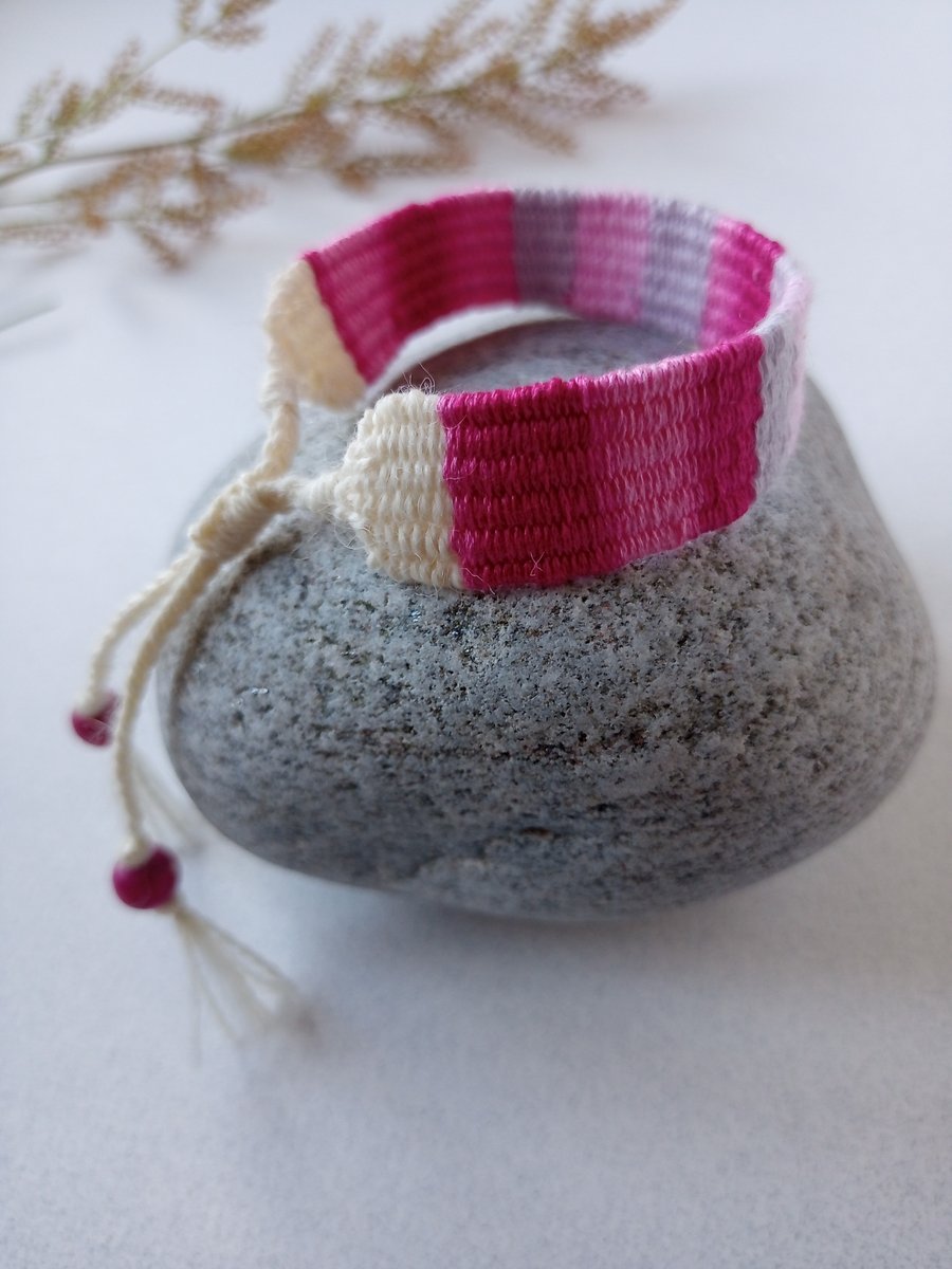 Hand Woven Friendship Bracelet in Pink, Cerise, Silver Grey and Cream