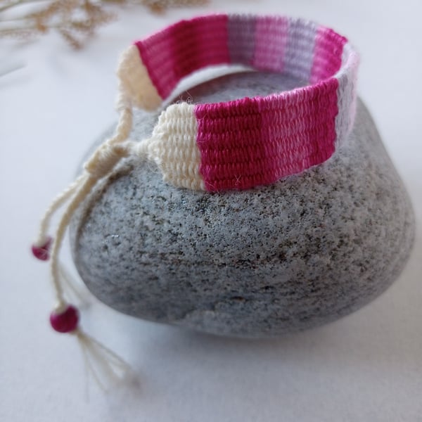 Hand Woven Friendship Bracelet in Pink, Cerise, Silver Grey and Cream