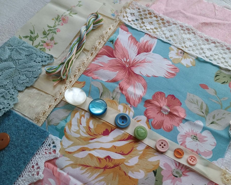 Large Slow Stitching kit - Early summer florals - pink and blue vintage textiles