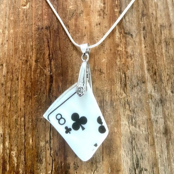 Unique vintage 8 of clubs crockery pendent necklace on 18" sterling silver chain