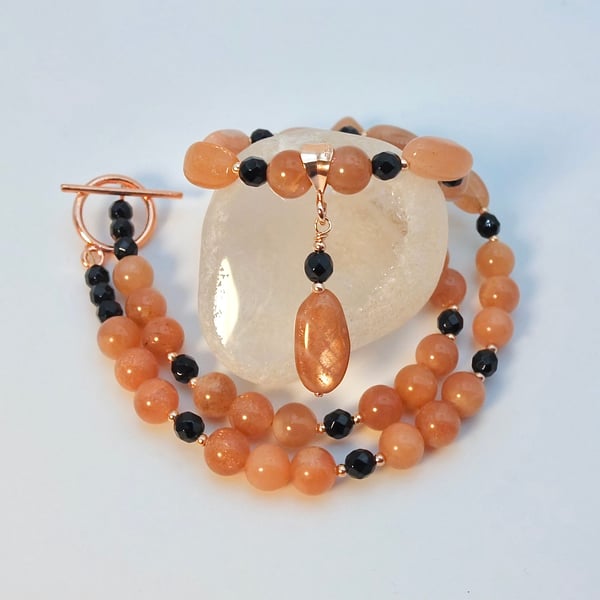 Sunstone & Onyx Gemstone Beaded Necklace, Birthday, Anniversary, Gifts For Her