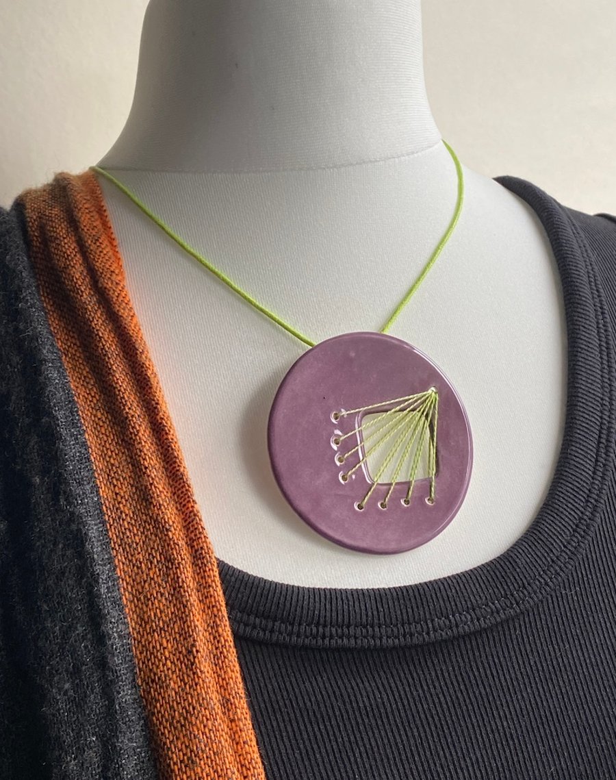 SALE Handmade Ceramic Statement Pendant necklace with Stitched element