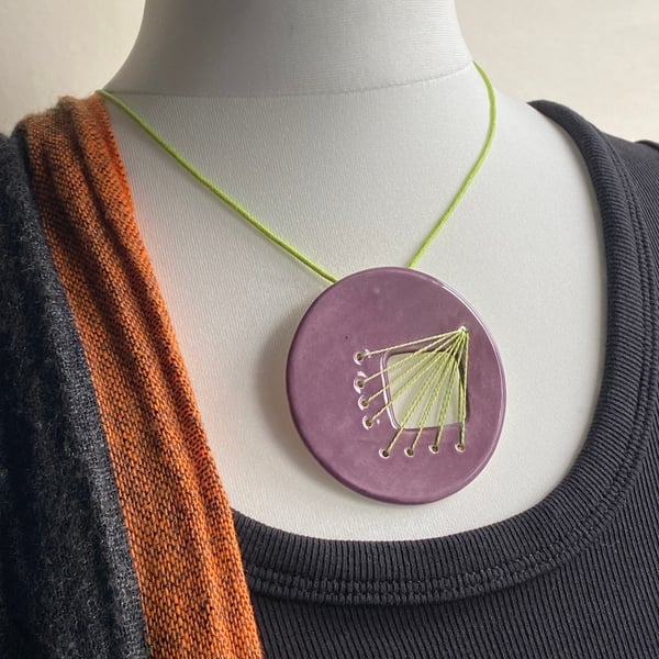 Handmade Ceramic Statement Pendant with Stitched element