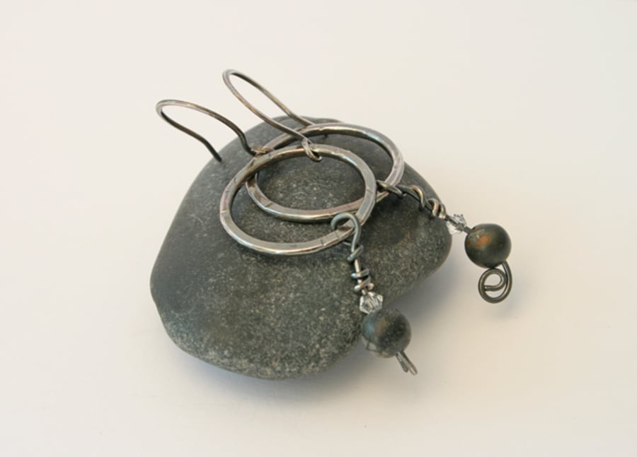 Sterling Silver Hoop Earrings with Swarovski Crystal & Picasso Jasper