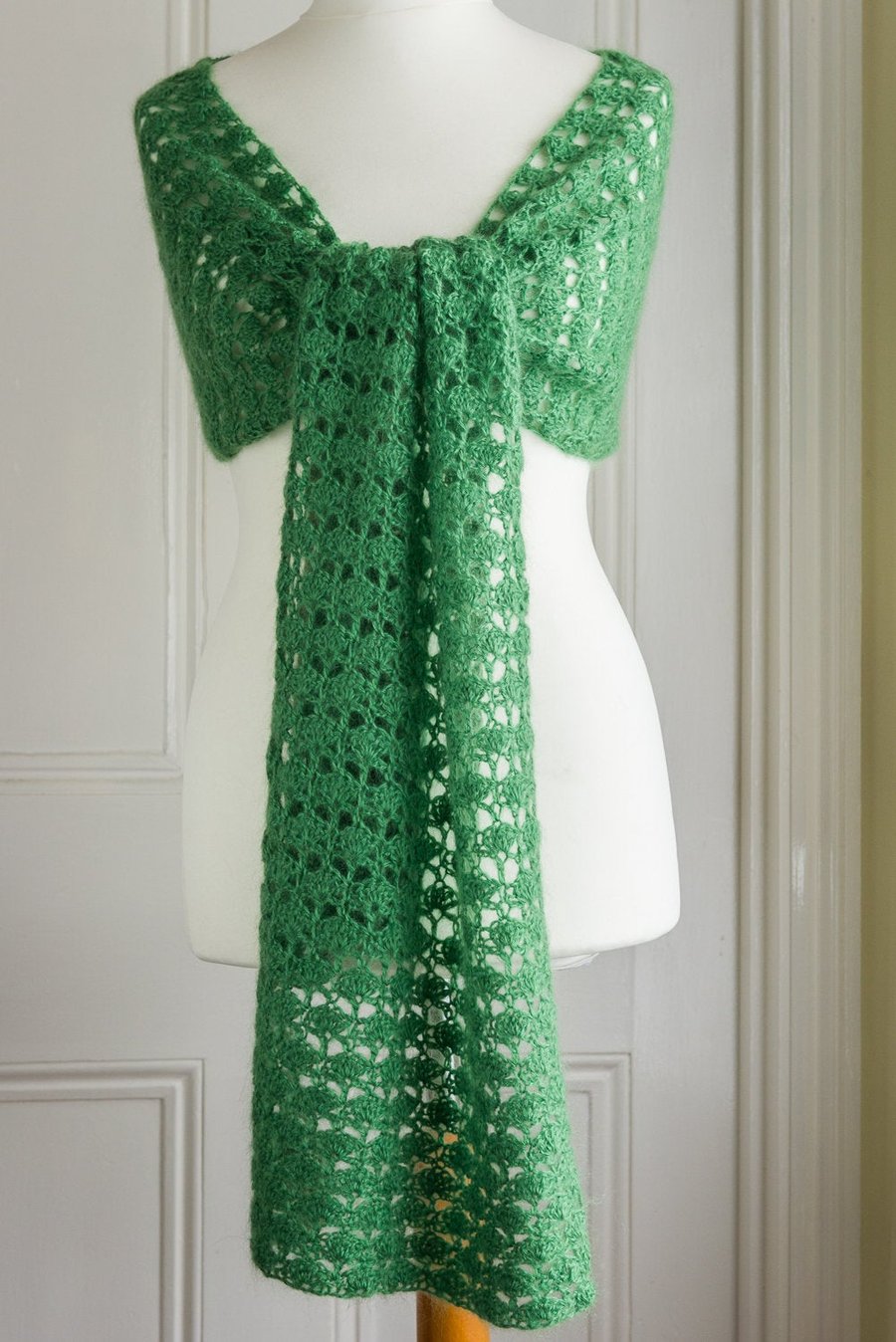 Wrap or stole, crocheted in a generous size with a fresh green mohair and wool