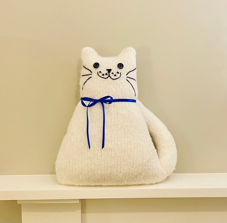 Hand knitted white mohair cat,   collectables, cat shaped cushion    