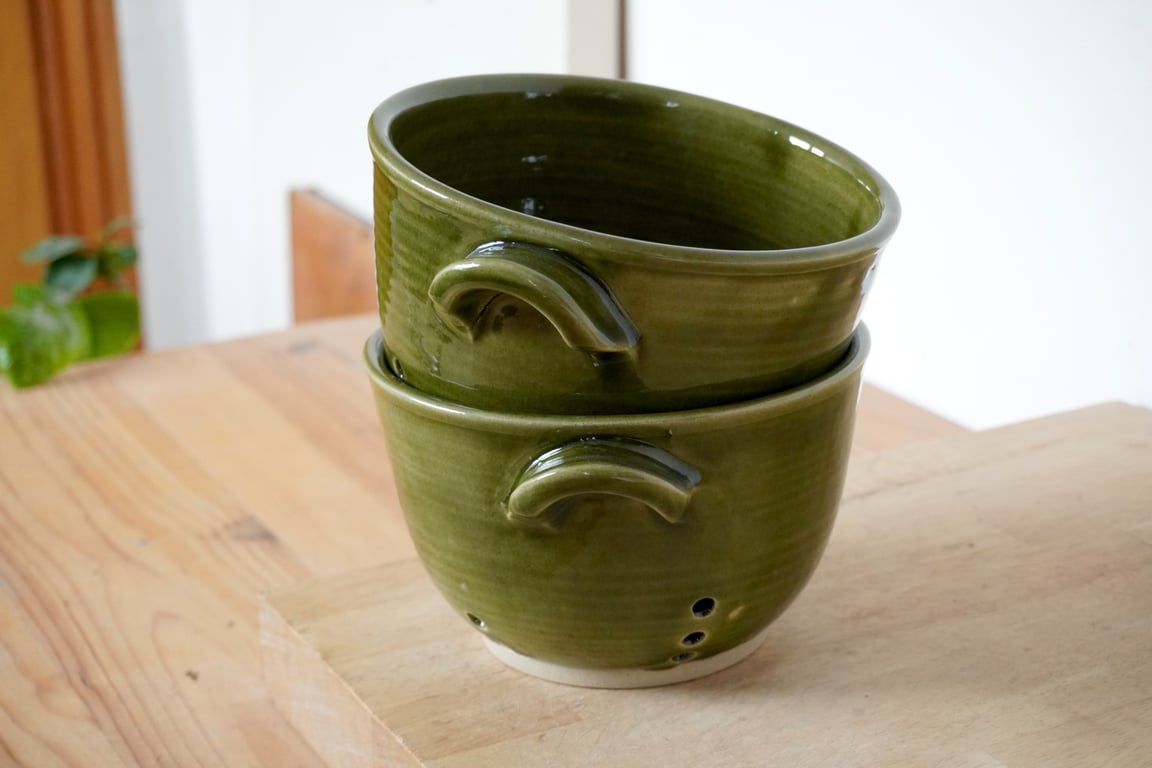 Pottery colander berry bowl, wheel thrown and glazed in forest green