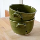 Pottery colander berry bowl, wheel thrown and glazed in forest green