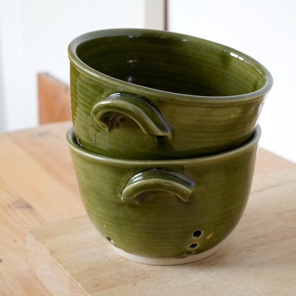 Pottery colander berry bowl, wheel thrown and glazed in forest green