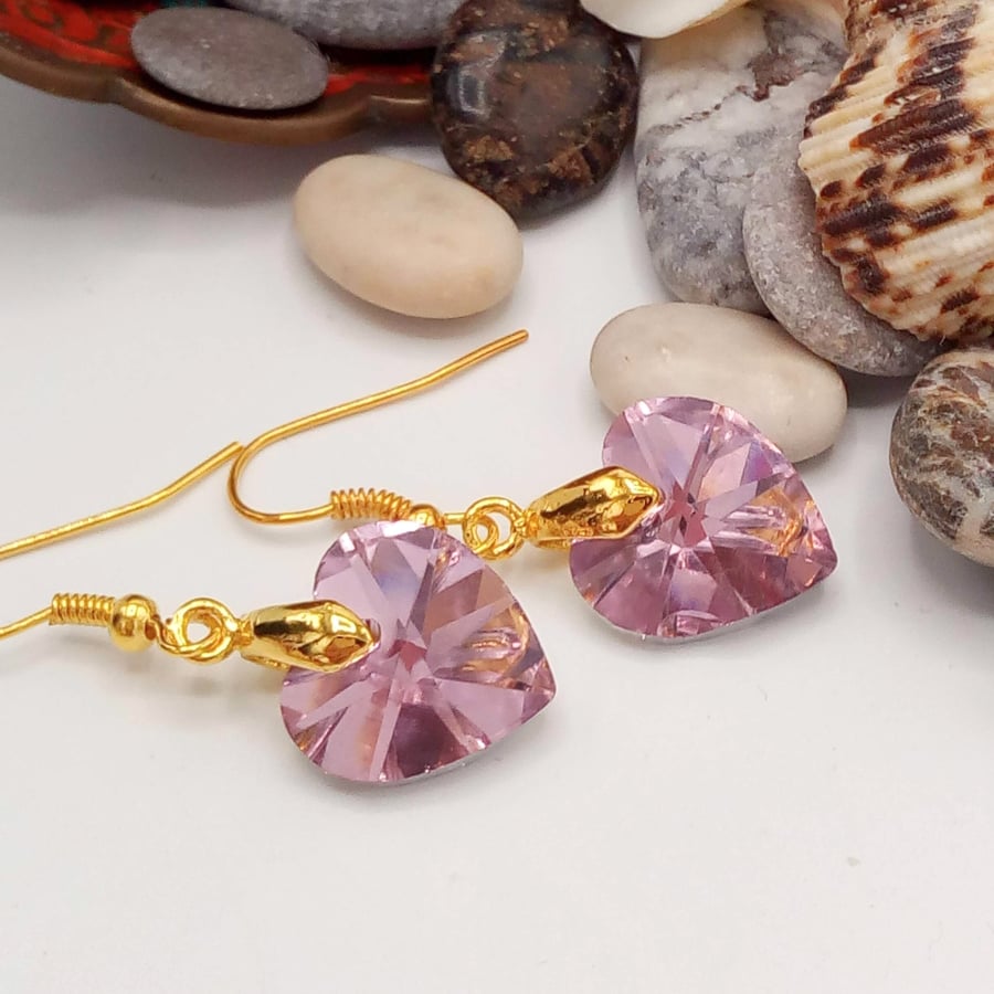 Pink Crystal Heart Earrings, Crystal Earrings, Pink Earrings, Gift for Her