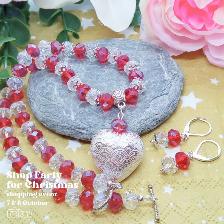 Beautiful Bundle, Crystal Jewellery Set With a Silver Heart and Earrings Set