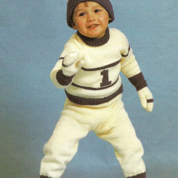VINTAGE KNITTING PATTERN Childrens Tracksuit Hat and Mitts