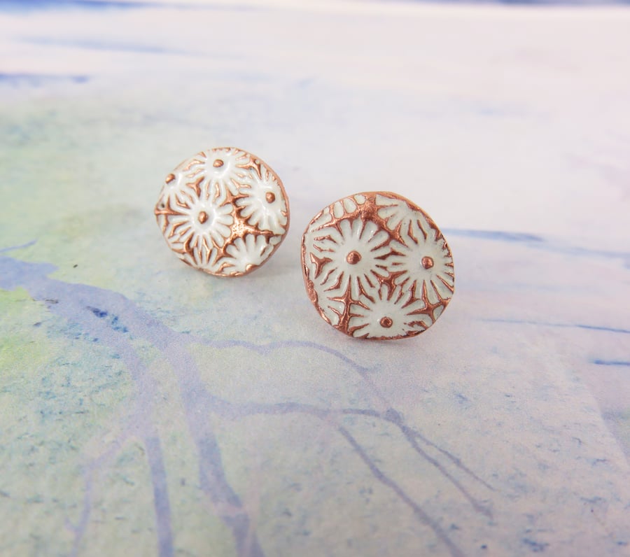 Oval Copper Studs with White Enamel and Daisy Texture