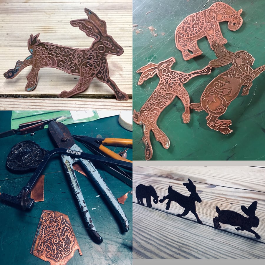 Hare brooch made of etched copper.