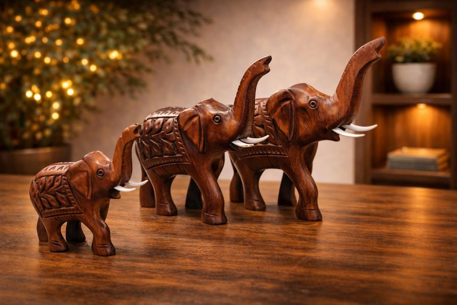 Antique Hand Carved Wooden Elephant Set of 3,Handmade Home Accent, Rustic Wooden