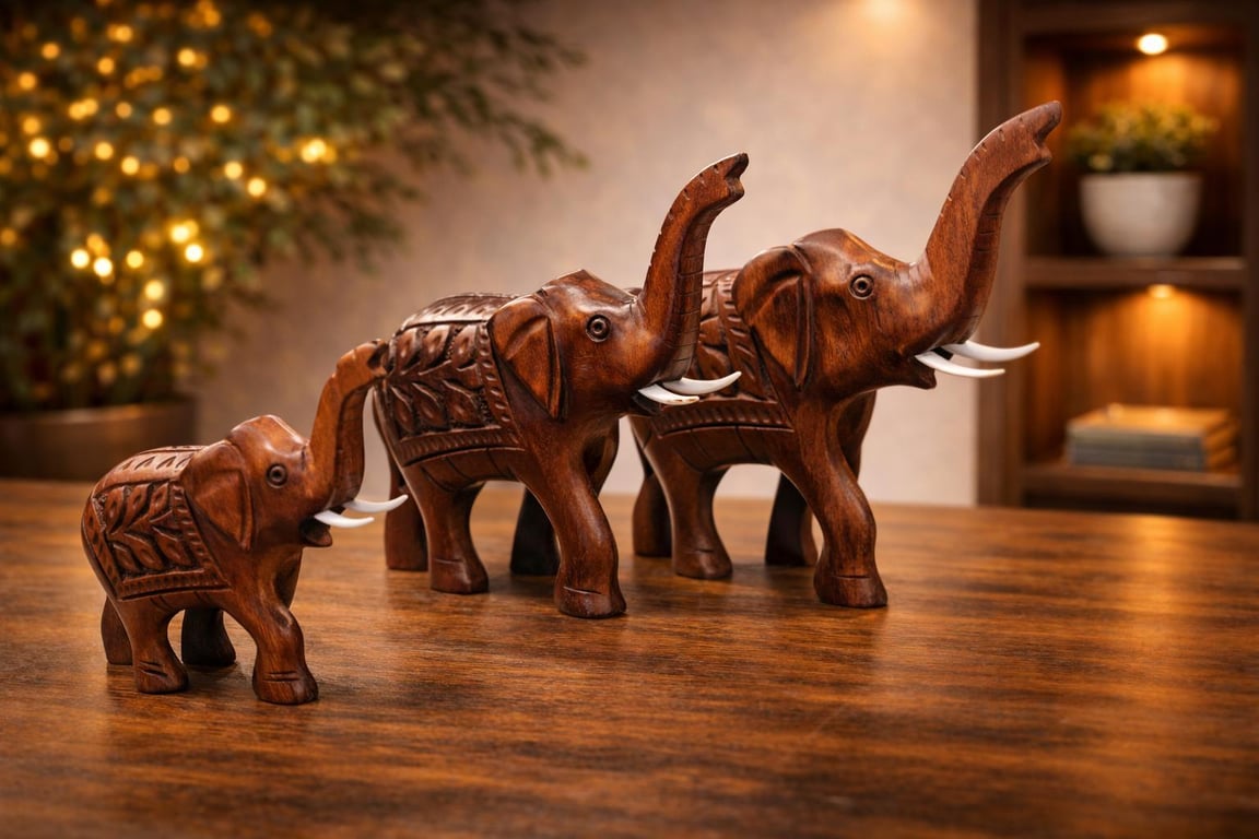 Antique Hand Carved Wooden Elephant Set of 3,Handmade Home Accent, Rustic Wooden