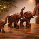 Antique Hand Carved Wooden Elephant Set of 3,Handmade Home Accent, Rustic Wooden